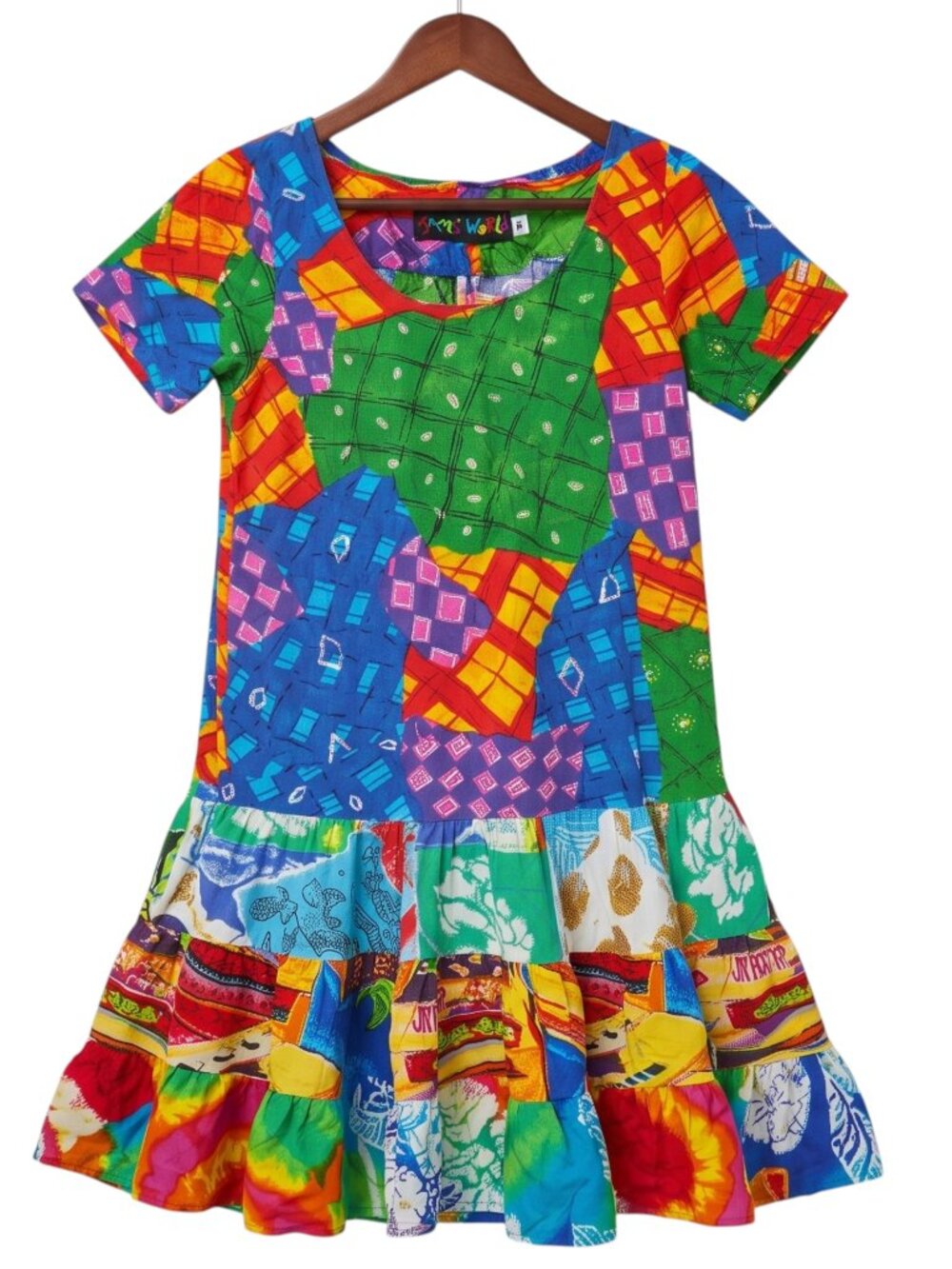 Vintage Jams World "Hattie" Drop Waist Patchwork Dress Medium Dopamine $135 - Picture 2 of 5